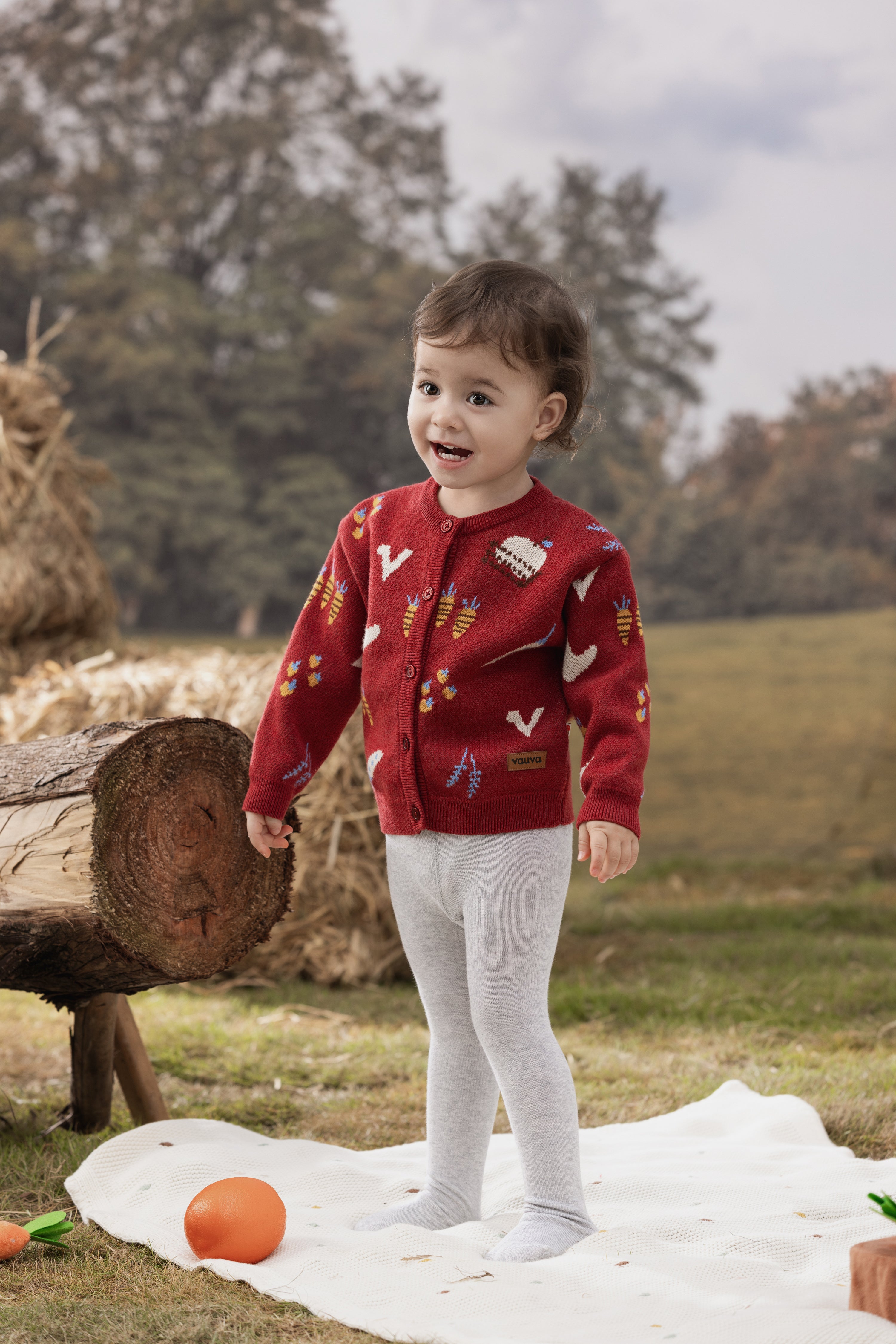 VAUVA Vauva FW23 - Baby Girls Farm Jacquard Cotton Cashmere Jacket (Red) Coat & Jacket