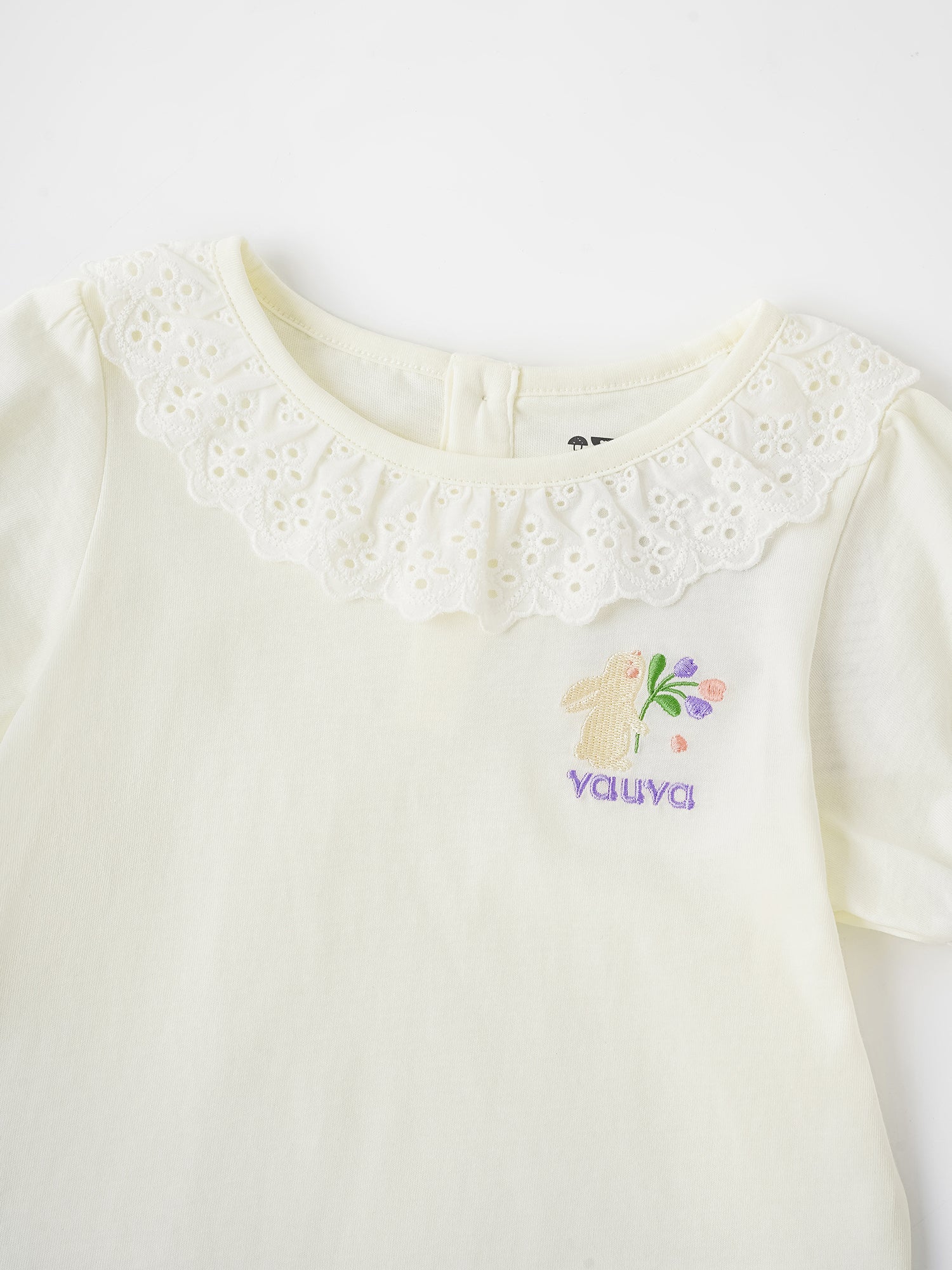 Kid Lace-Trimmed Collar Short Puff Sleeve Bunny Print Tee