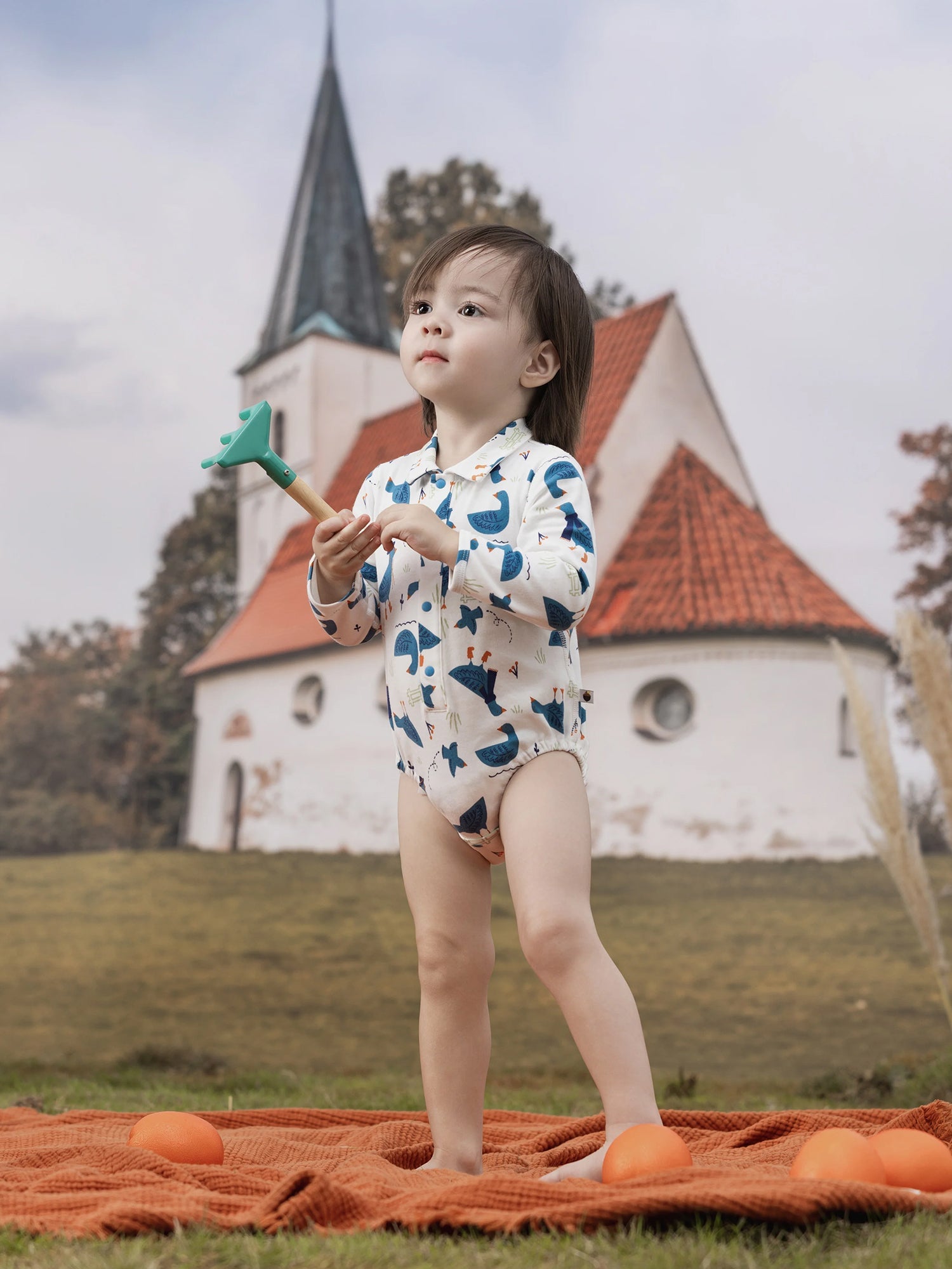 VAUVA Vauva FW23 - Baby Boy White Goose All Over Print Cotton Long Sleeve Bodysuit (White) Bodysuit