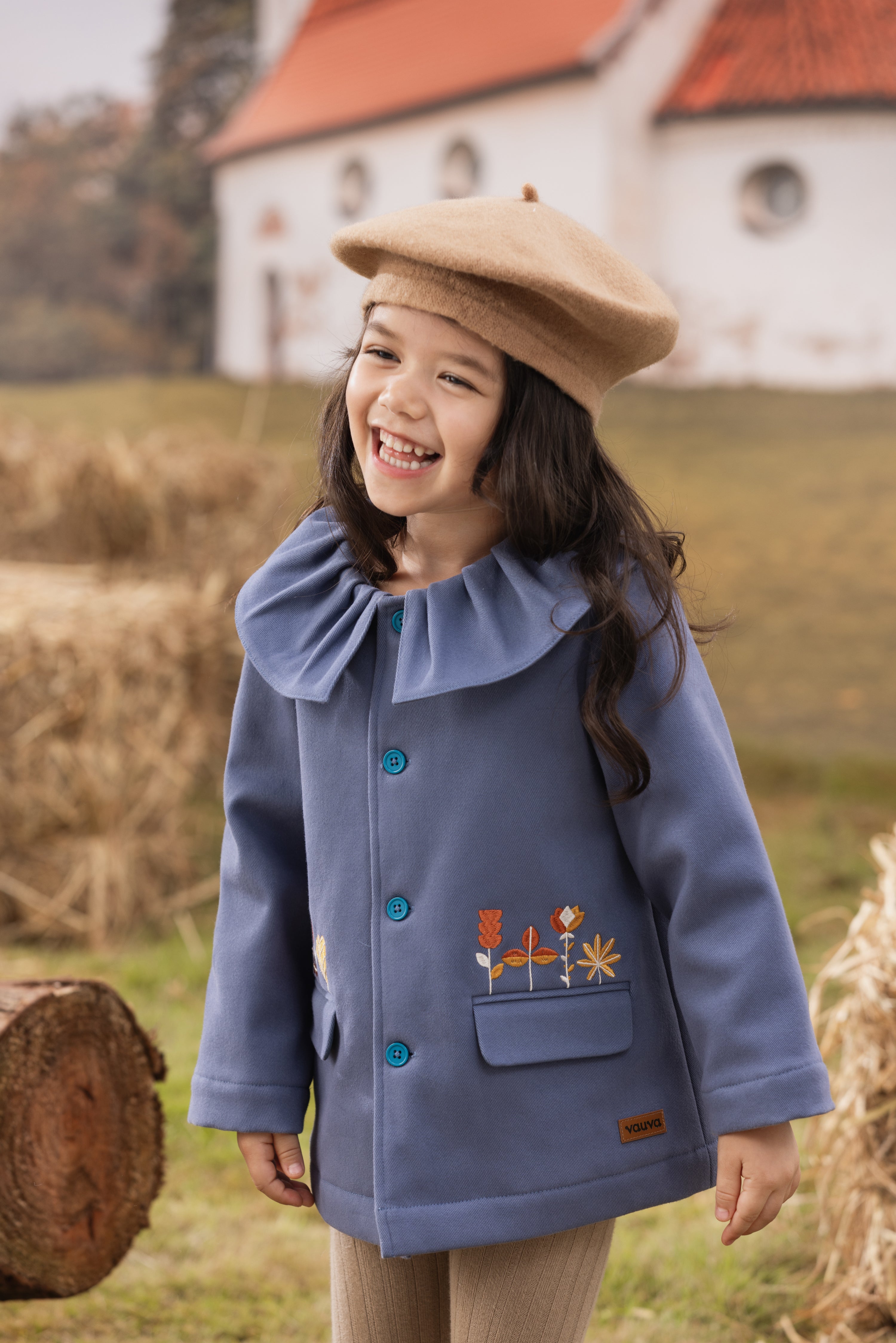 VAUVA Vauva FW23 - Girls Ruffle Collar Embroidered Coat (Blue) Coat & Jacket