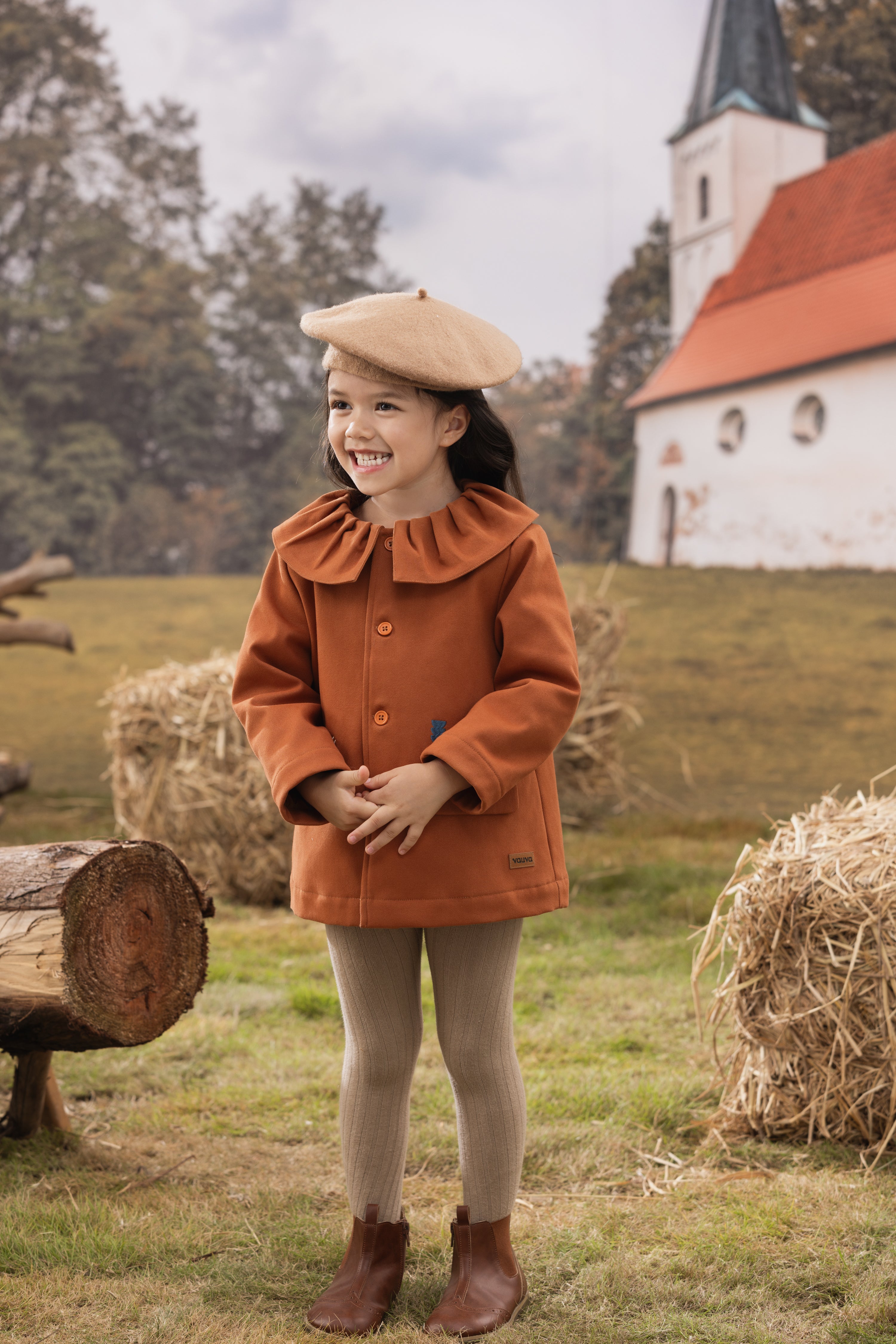 VAUVA Vauva FW23 - Girls Ruffle Collar Embroidered Coat (Brown) Coat & Jacket