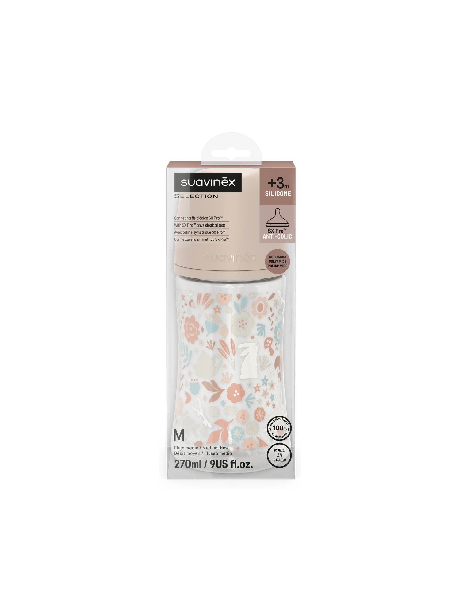 Feeding Bottle (PA) 270ml Medium Flow +3M SX Pro anti-colic Teat - Wonderland Liberty Pink
