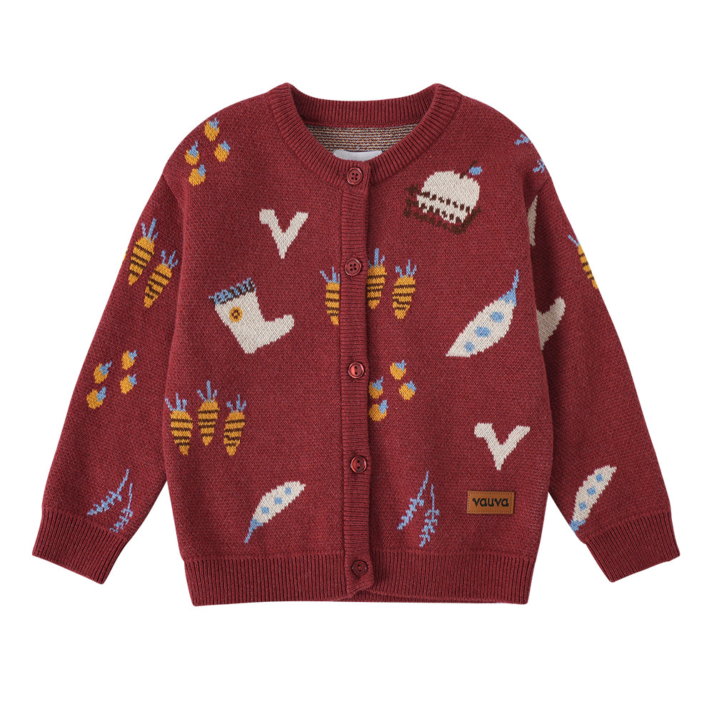 VAUVA Vauva FW23 - Baby Girls Farm Jacquard Cotton Cashmere Jacket (Red) Coat & Jacket