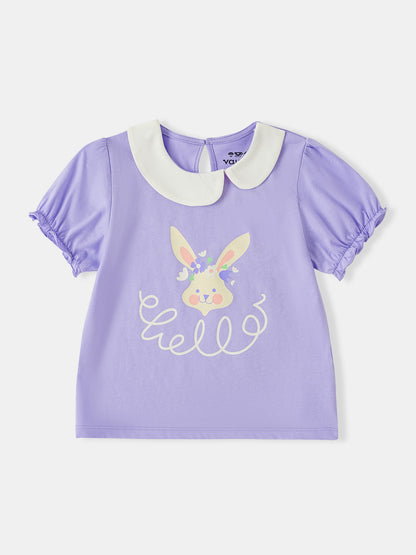 Kid Signature Collar Short Sleeve Bunny Print Tee