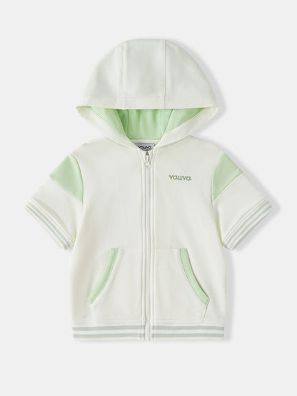 Kid Short Sleeve Logo Embroidery Zipped Hoodie