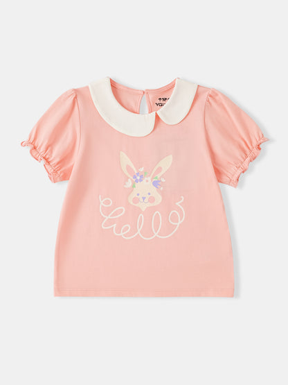 Kid Signature Collar Short Sleeve Bunny Print Tee