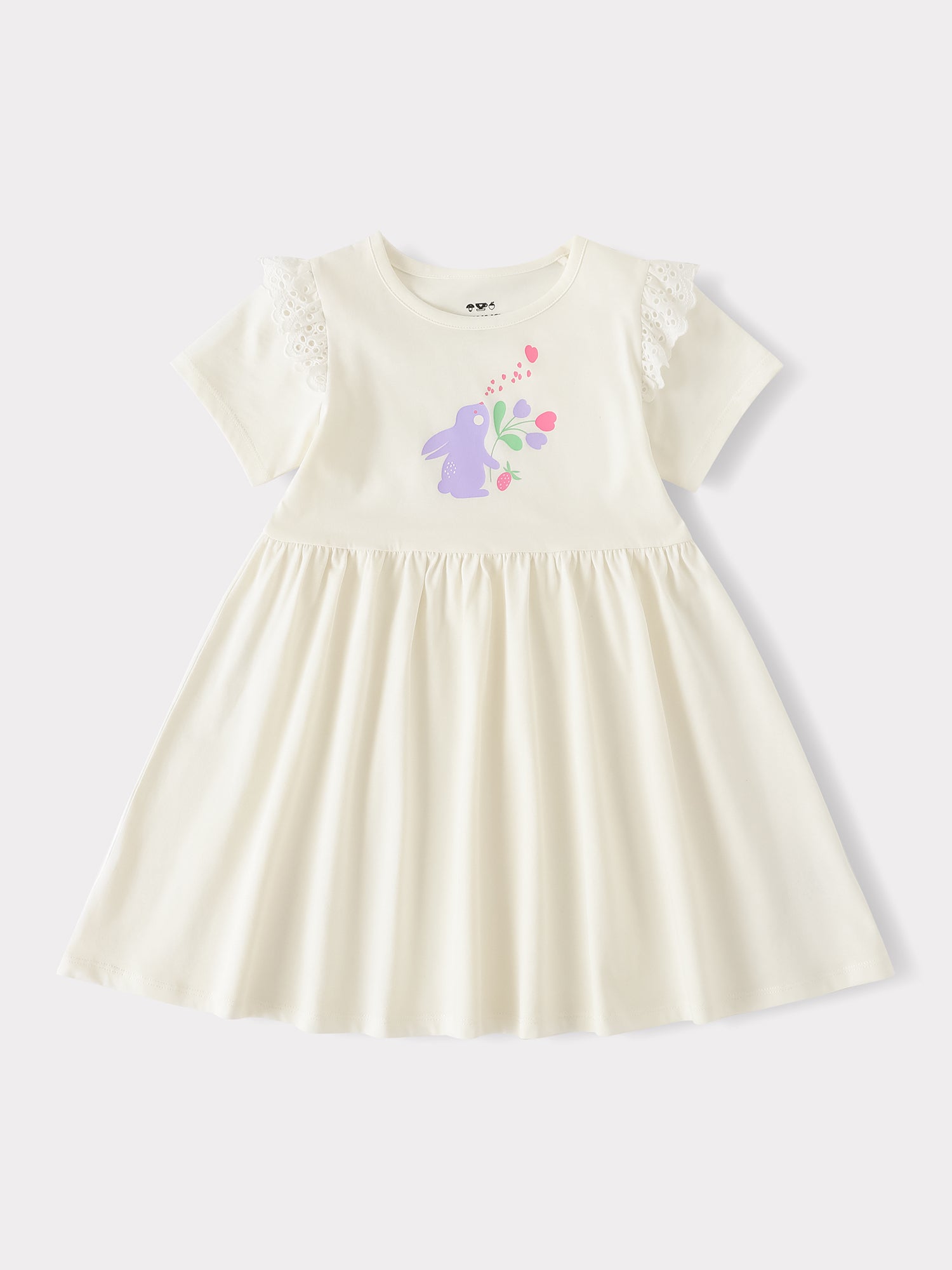 Kid Short Sleeve Lace-Trimmed Bunny Print Dress