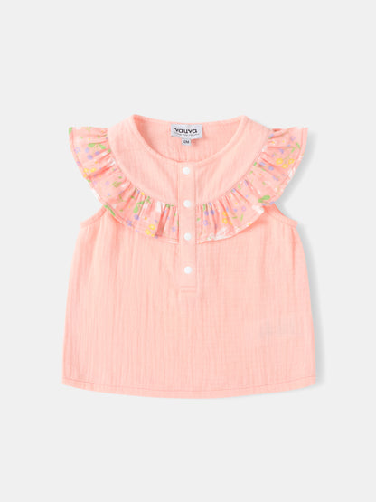 Baby Sleeveless All-Over Bunny Print Ruffle Two-Tone Top