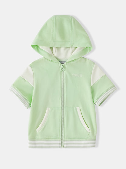 Kid Short Sleeve Logo Embroidery Zipped Hoodie