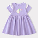 Kid Short Sleeve Lace-Trimmed Bunny Print Dress
