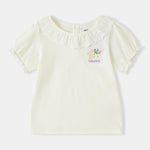 Kid Lace-Trimmed Collar Short Puff Sleeve Bunny Print Tee