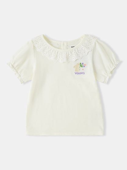 Kid Lace-Trimmed Collar Short Puff Sleeve Bunny Print Tee
