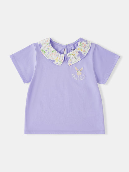 Kid Ruffle Collar Short Sleeve Bunny Print Tee