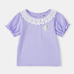 Kid Lace-Trimmed Collar Short Puff Sleeve Bunny Print Tee