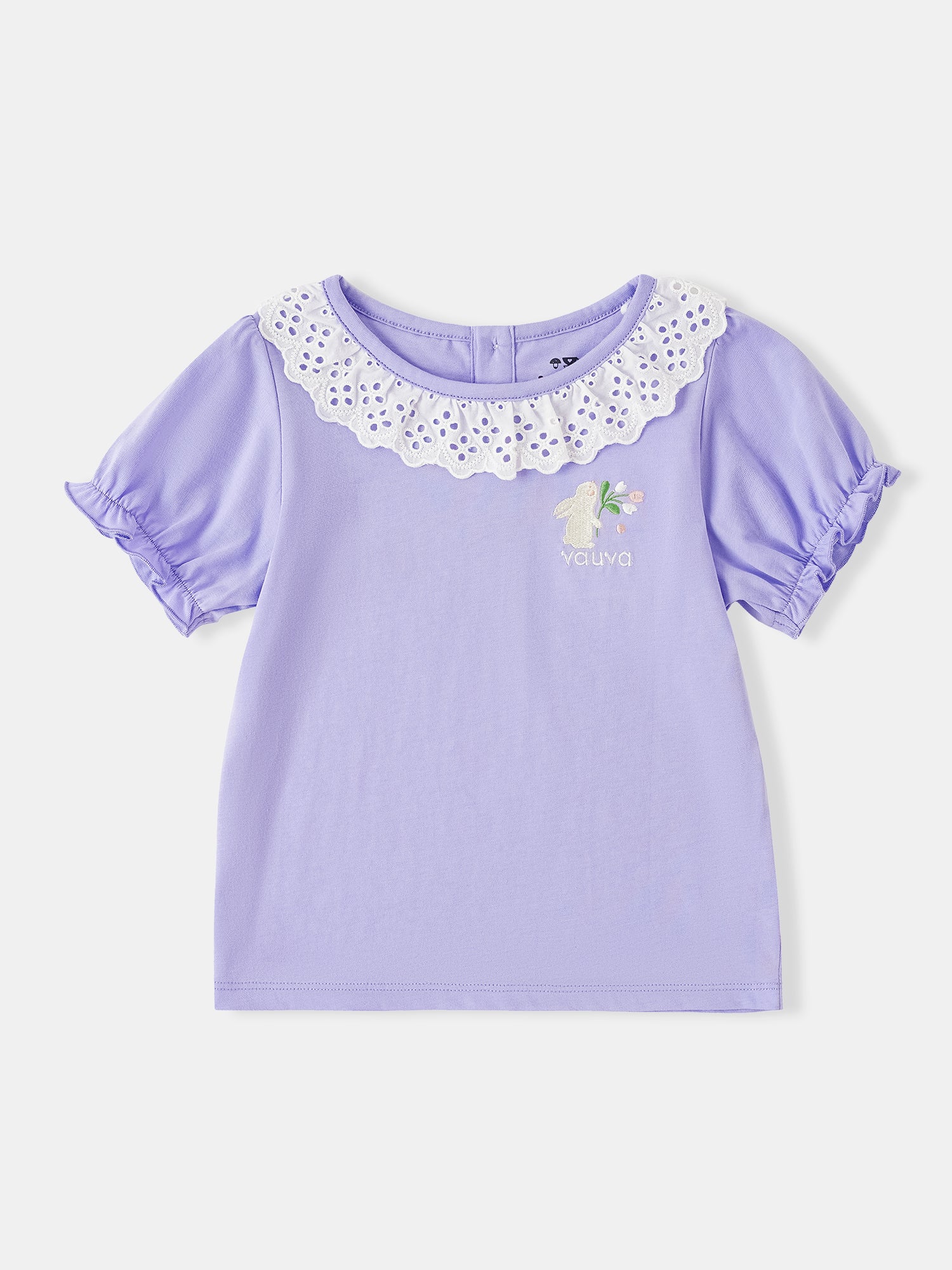 Kid Lace-Trimmed Collar Short Puff Sleeve Bunny Print Tee