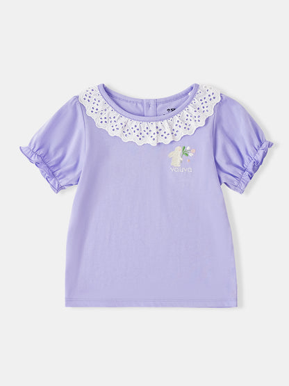 Kid Lace-Trimmed Collar Short Puff Sleeve Bunny Print Tee