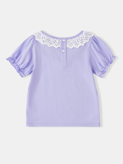 Kid Lace-Trimmed Collar Short Puff Sleeve Bunny Print Tee