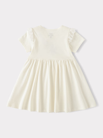 Kid Short Sleeve Lace-Trimmed Bunny Print Dress
