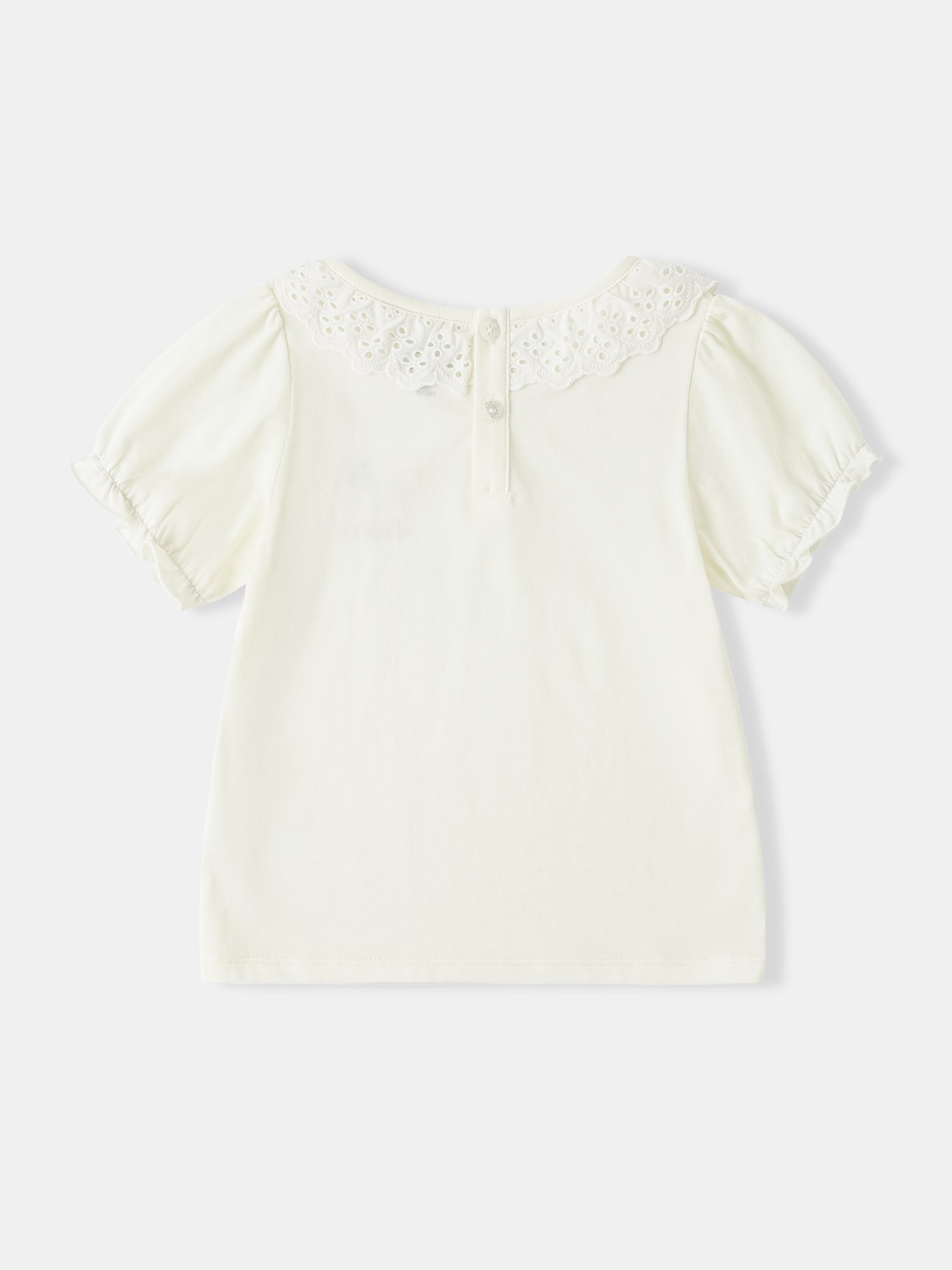 Kid Lace-Trimmed Collar Short Puff Sleeve Bunny Print Tee