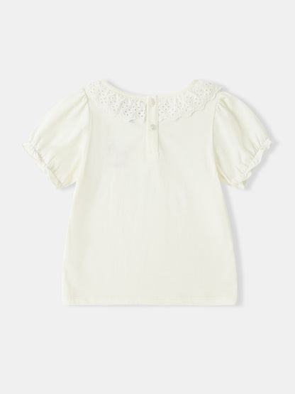 Kid Lace-Trimmed Collar Short Puff Sleeve Bunny Print Tee