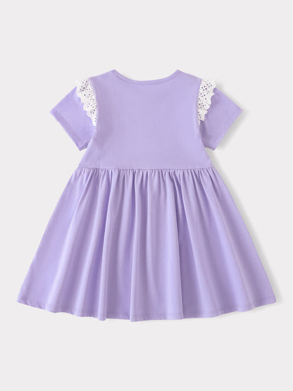 Kid Short Sleeve Lace-Trimmed Bunny Print Dress