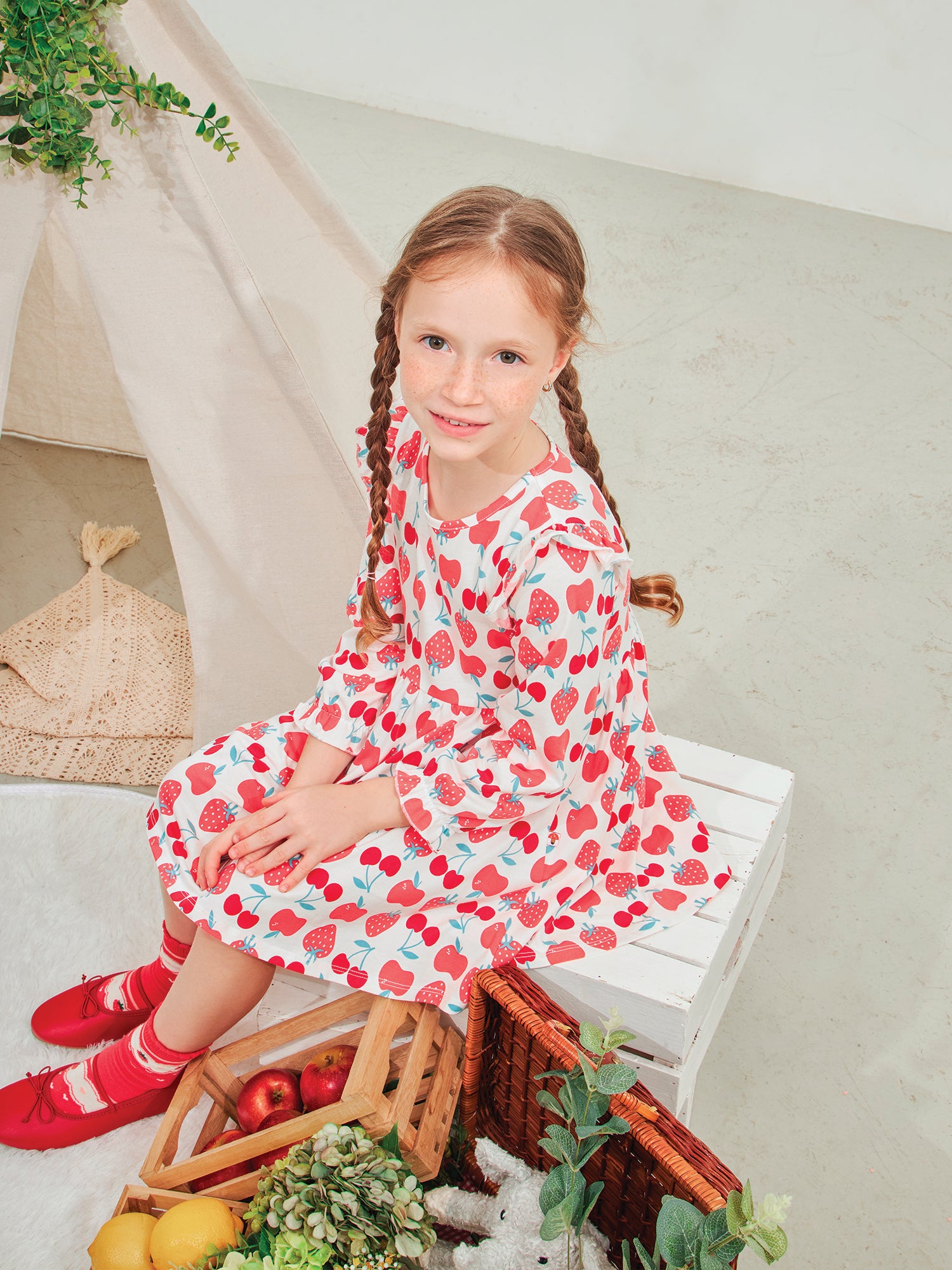 Kid Long Puff Sleeve All-Over Berries Print Dress