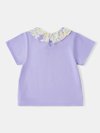 Kid Ruffle Collar Short Sleeve Bunny Print Tee