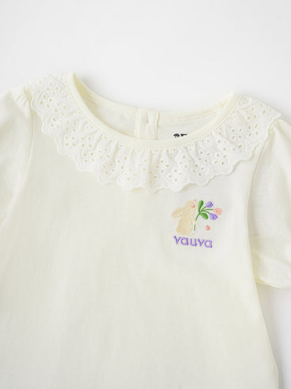 Kid Lace-Trimmed Collar Short Puff Sleeve Bunny Print Tee