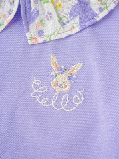 Kid Ruffle Collar Short Sleeve Bunny Print Tee