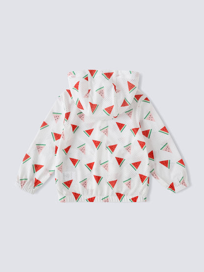 Kid All-Over Watermelon Print Mesh Hooded Zipped Jacket