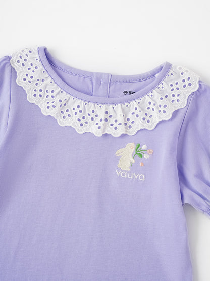 Kid Lace-Trimmed Collar Short Puff Sleeve Bunny Print Tee