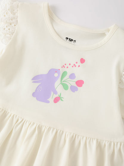 Kid Short Sleeve Lace-Trimmed Bunny Print Dress