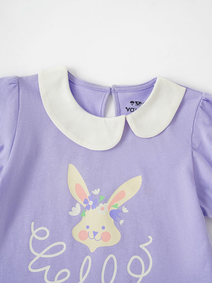 Kid Signature Collar Short Sleeve Bunny Print Tee