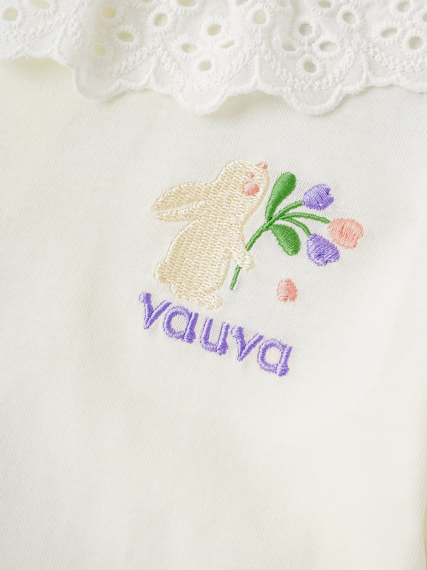 Kid Lace-Trimmed Collar Short Puff Sleeve Bunny Print Tee