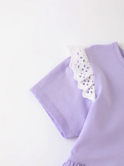 Kid Short Sleeve Lace-Trimmed Bunny Print Dress