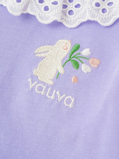 Kid Lace-Trimmed Collar Short Puff Sleeve Bunny Print Tee