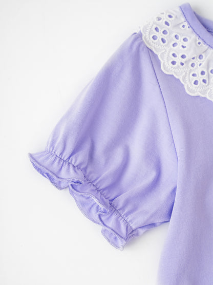 Kid Lace-Trimmed Collar Short Puff Sleeve Bunny Print Tee