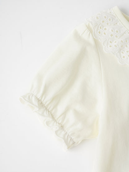 Kid Lace-Trimmed Collar Short Puff Sleeve Bunny Print Tee