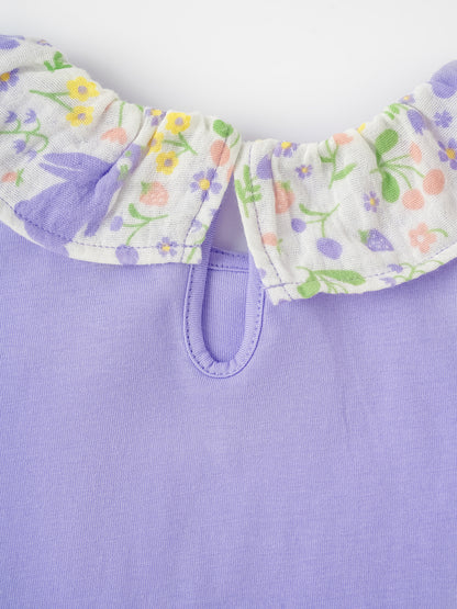Kid Ruffle Collar Short Sleeve Bunny Print Tee