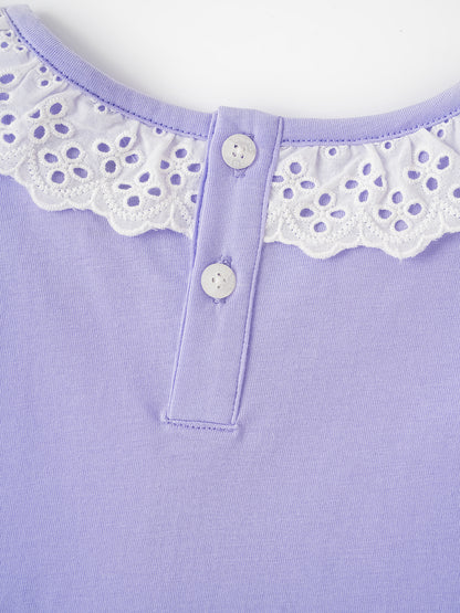 Kid Lace-Trimmed Collar Short Puff Sleeve Bunny Print Tee