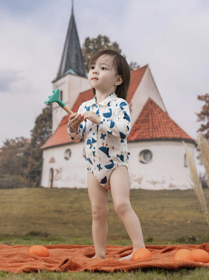 VAUVA Vauva FW23 - Baby Boy White Goose All Over Print Cotton Long Sleeve Bodysuit (White) Bodysuit