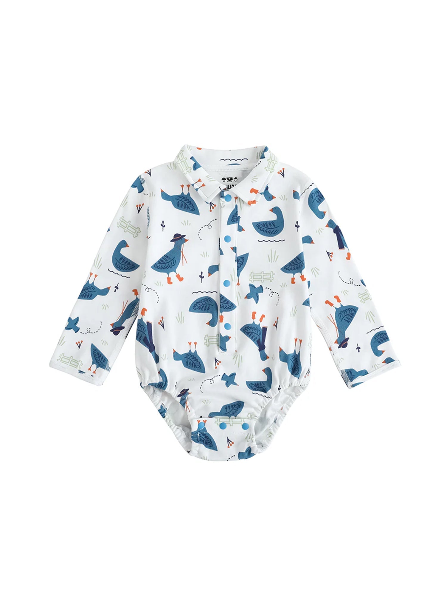 VAUVA Vauva FW23 - Baby Boy White Goose All Over Print Cotton Long Sleeve Bodysuit (White) Bodysuit