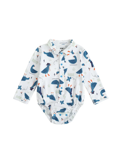 VAUVA Vauva FW23 - Baby Boy White Goose All Over Print Cotton Long Sleeve Bodysuit (White) Bodysuit
