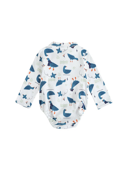 VAUVA Vauva FW23 - Baby Boy White Goose All Over Print Cotton Long Sleeve Bodysuit (White) Bodysuit