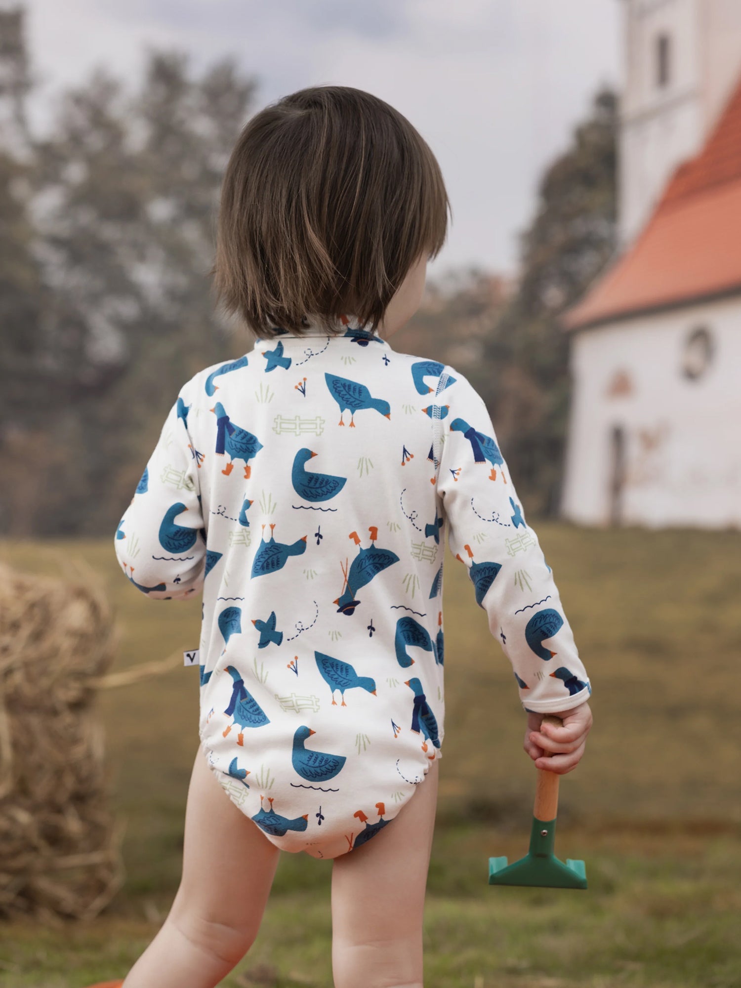 VAUVA Vauva FW23 - Baby Boy White Goose All Over Print Cotton Long Sleeve Bodysuit (White) Bodysuit